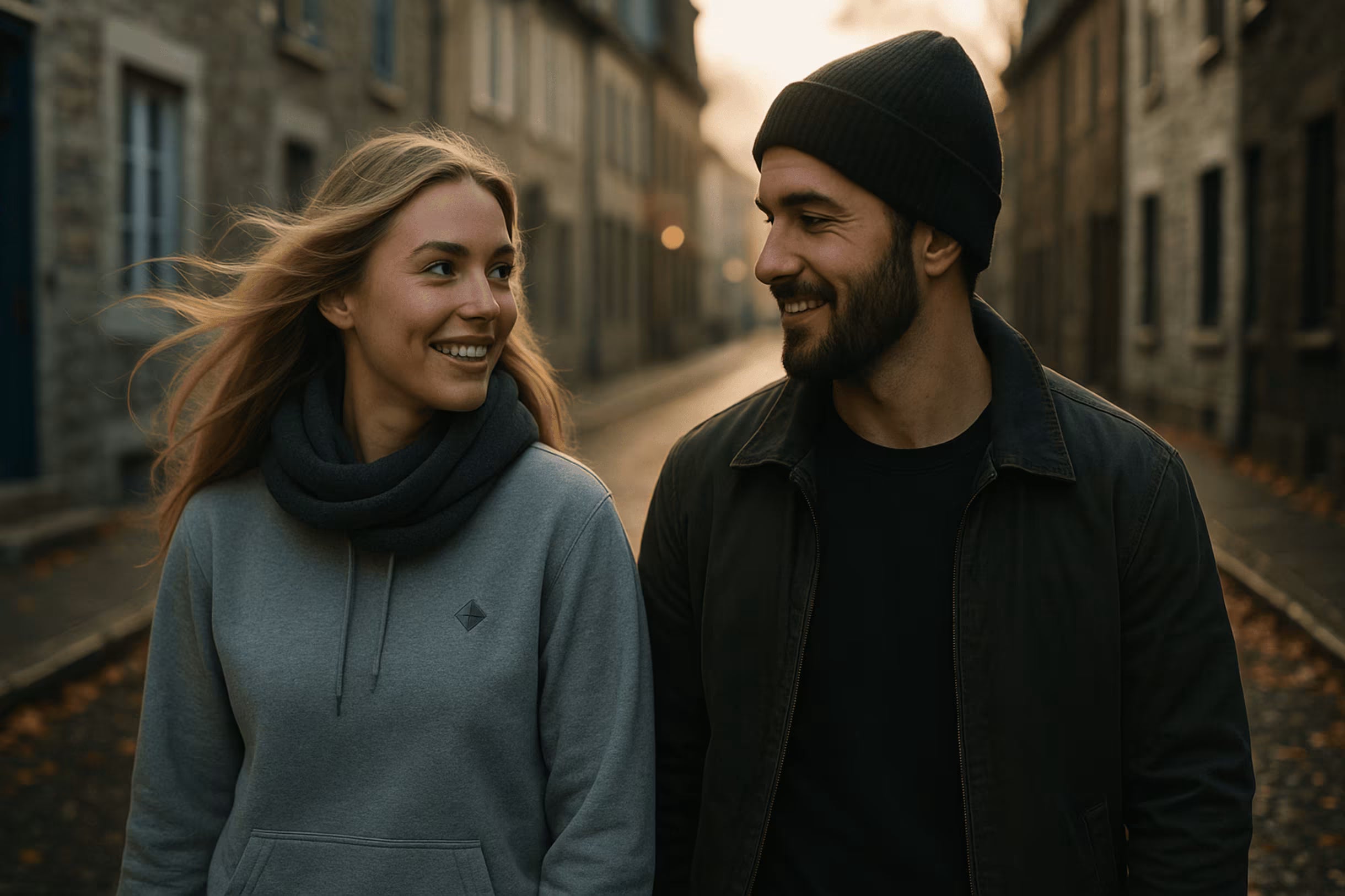 Couple de 20–25 ans marchant côte à côte dans une rue pavée du Vieux-Québec en fin d’après-midi d’automne; femme blonde aux cheveux soulevés par le vent, écharpe sur sweatshirt avec petit logo géométrique à la poitrine; homme barbu à tuque, veste ouverte sur t-shirt avec logo discret à la manche; trottoirs mouillés, feuilles mortes, lumière dorée douce, bokeh naturel.